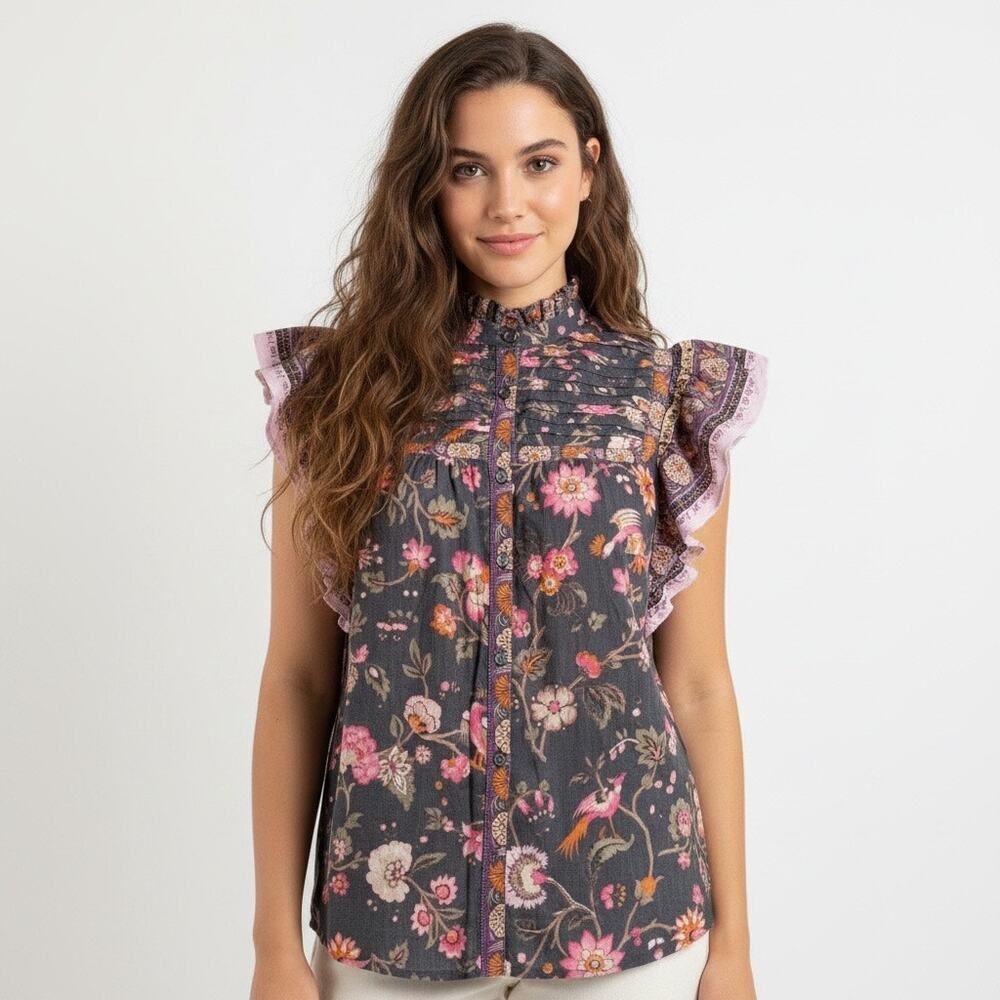 Sundance Marcleine Floral Top Coquette Ruffle Pintuck Boho Cottagecore Large